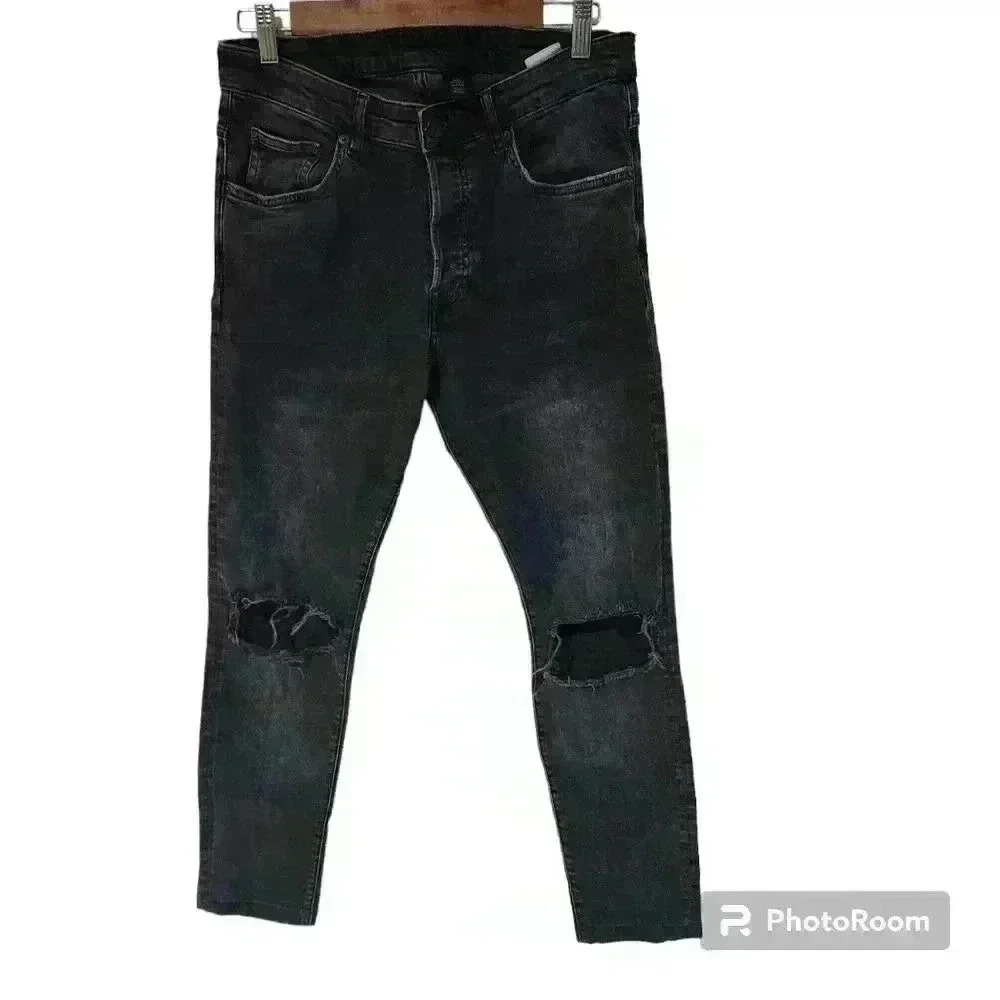 P5044 &denim distressed knees skinny ankle black charcoal  jeans
